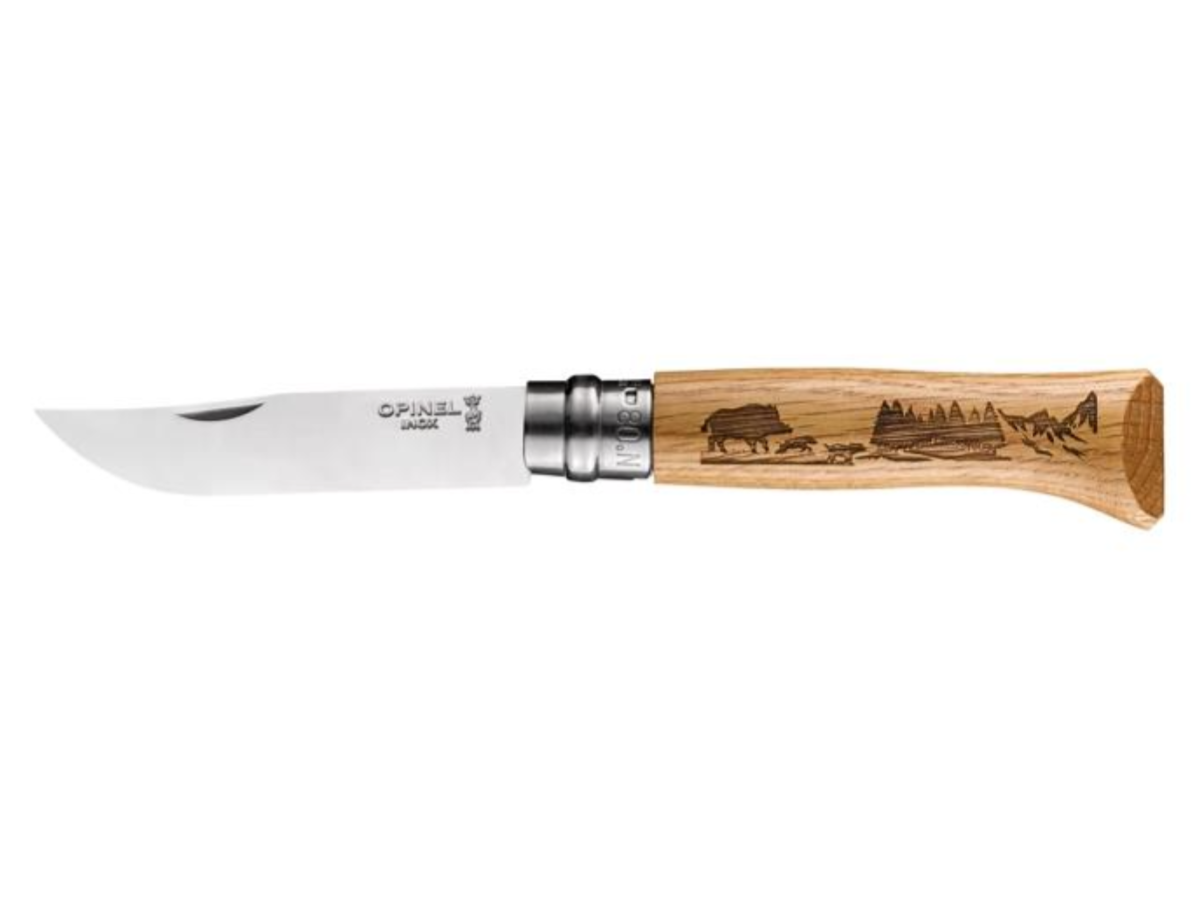 Nóż składany Opinel Animalia Wild Boar 08 -Tradycyjny nóż turystyczny z grawerunkiem dzików Nóż składany Opinel Animalia Wild Boar 08 -Tradycyjny nóż turystyczny z grawerunkiem dzików